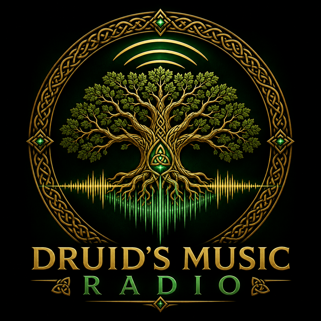 Emblème DRUID’S MUSIC RADIO, arbre doré aux racines celtiques