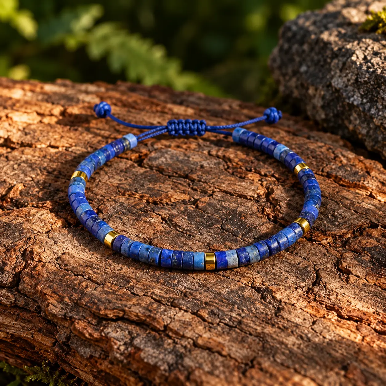 Le Lien Azur, bracelet à perles en rondelles bleues, petites touches dorées et cordon bleu coulissant