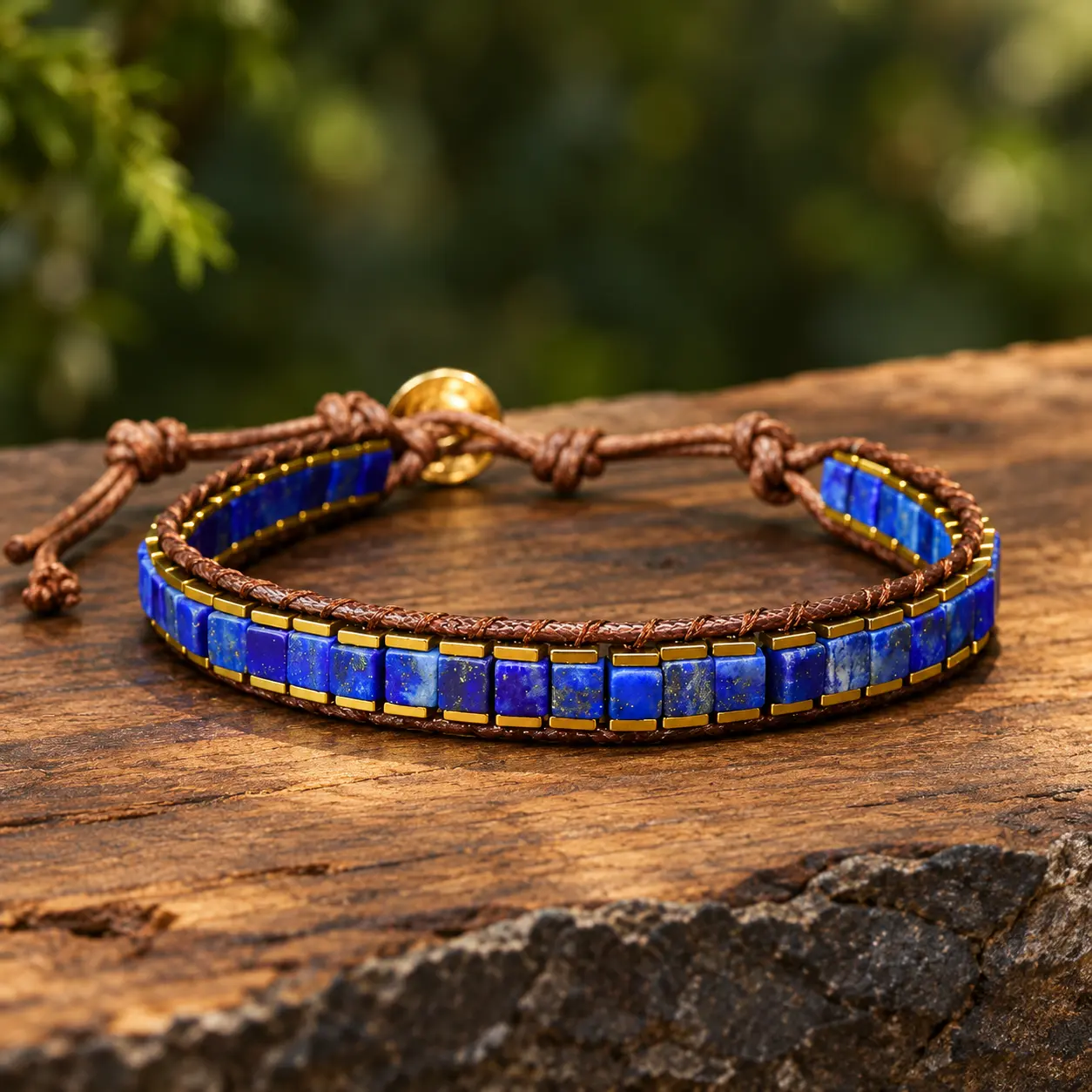 Le Lien Royal, bracelet à perles carrées bleu profond avec bordures dorées et tressage marron
