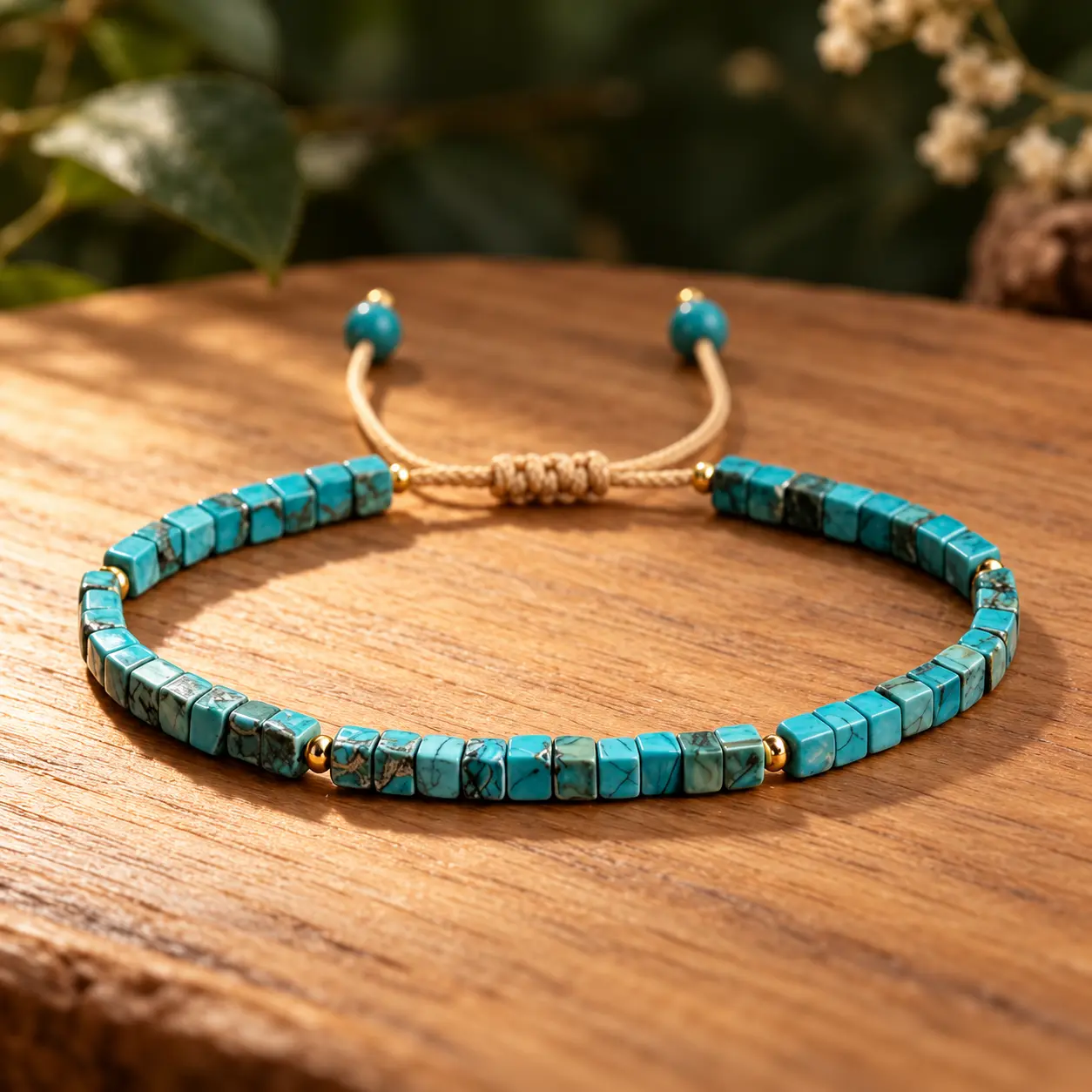 Le Lien Turquoise, bracelet à perles carrées bleu turquoise, petites touches dorées et cordon beige coulissant