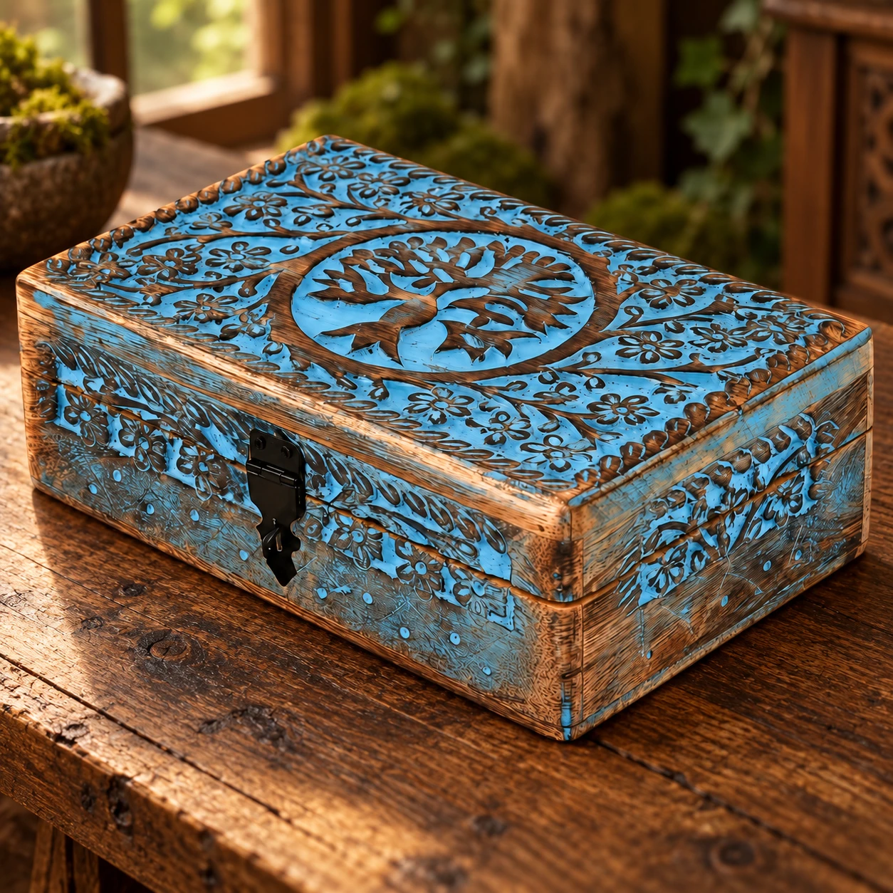 Coffret fermé bleu et brun, motif Arbre de Vie et décors floraux, fermoir noir, mis en scène sur bois