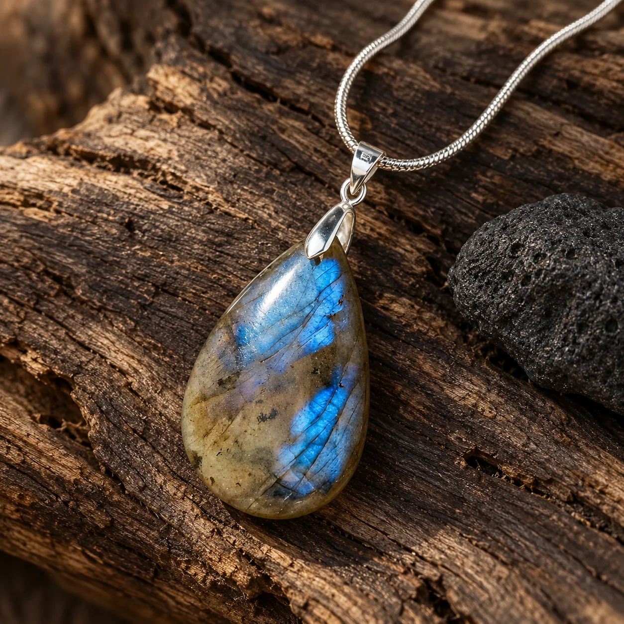 L’Aurore du Druide, pendentif goutte en labradorite aux reflets bleus avec chaîne de couleur argentée sur bois