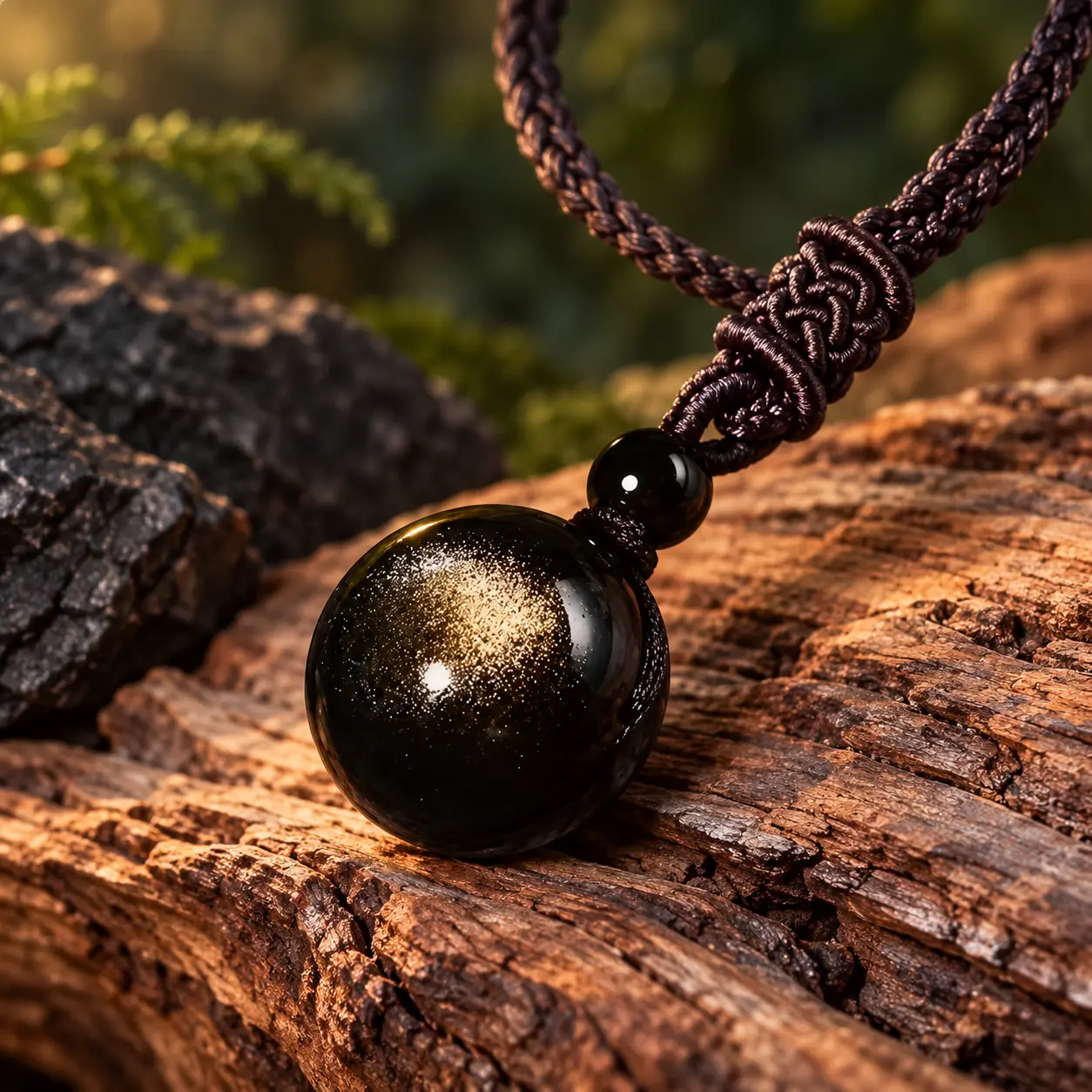 L’Orbe du Druide, pendentif sphérique noir aux reflets dorés, petite perle noire et cordon tressé marron
